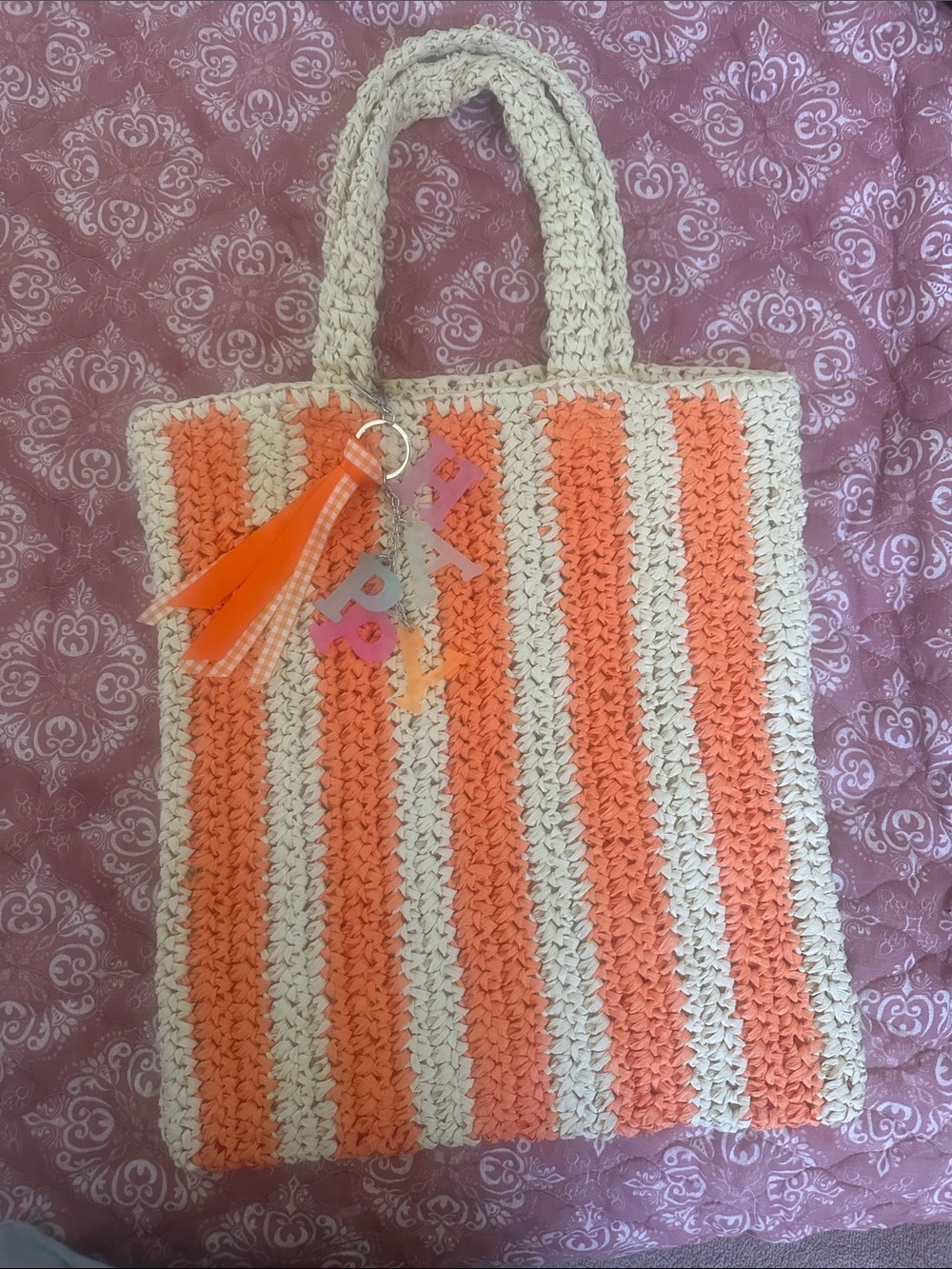 Striped Paper Woven Tote Bag in Orange and Cream with Happy Bag Charm